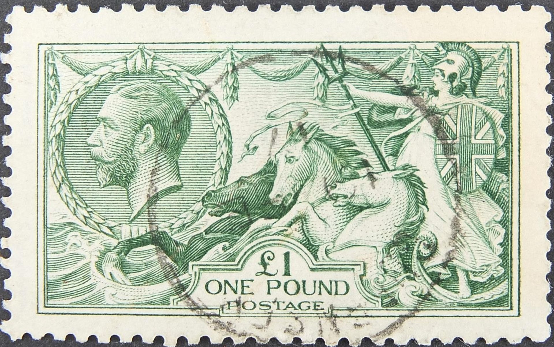 George V one pound seahorse stamp, very fine, used