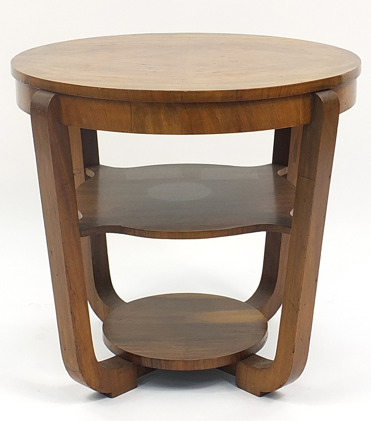 Art Deco walnut quarter veneered occasional table with under tier, 56cm high x 58cm in diameter - Image 3 of 3