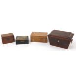 Early 19th century and later wooden boxes including one decorated with a hunting scene and a