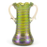 Attributed to Loetz, Art Nouveau iridescent green glass vase with twin handles, 23cm high
