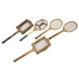 Five early 20th century lawn tennis racquets including Ascop and Volley, the largest 69.5cm in