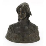Art Nouveau patinated bronze bust of a female, 20cm high