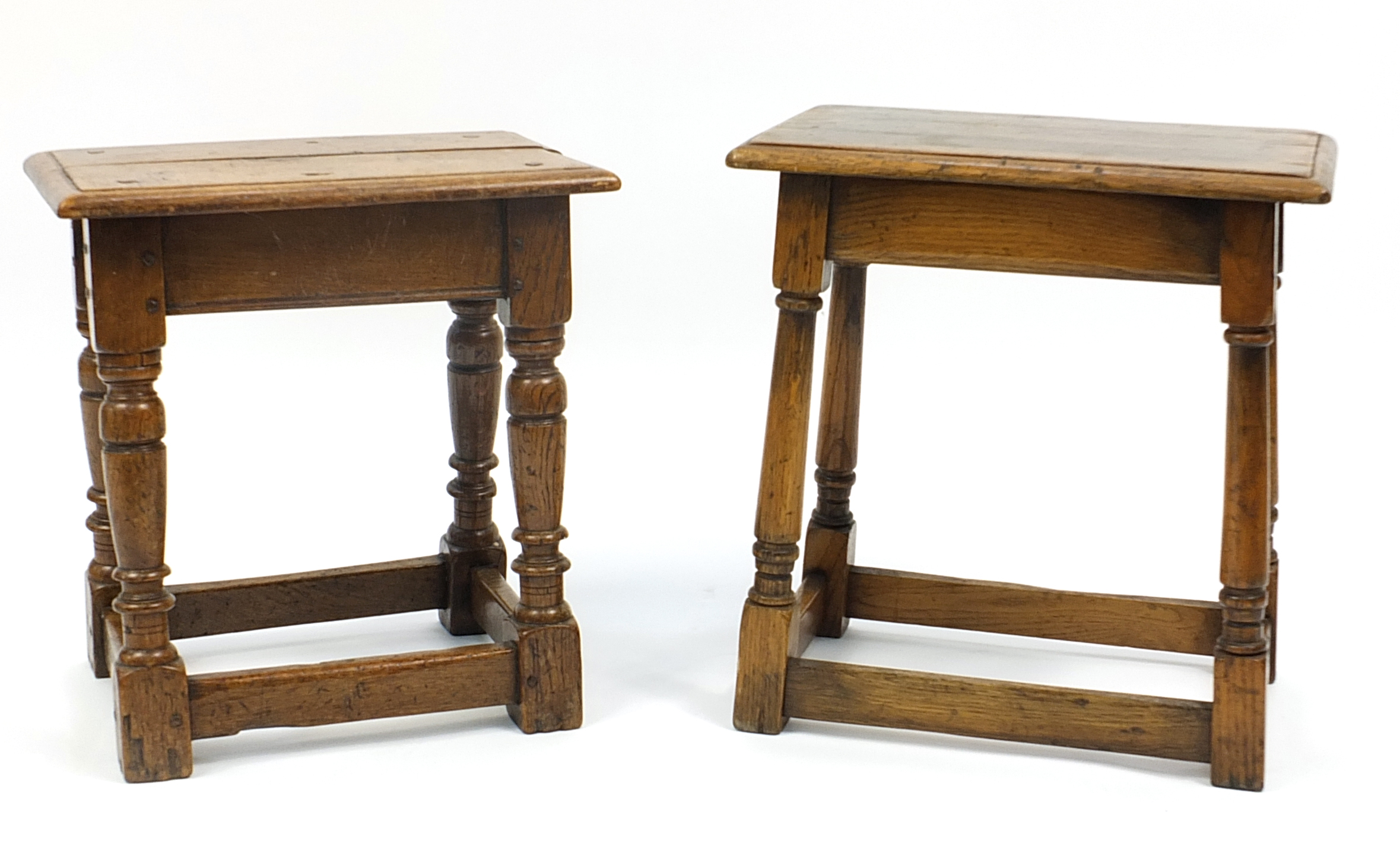 Two antique oak stools, the largest 49cm H x 45.5cm W x 27.5cm D - Image 2 of 3