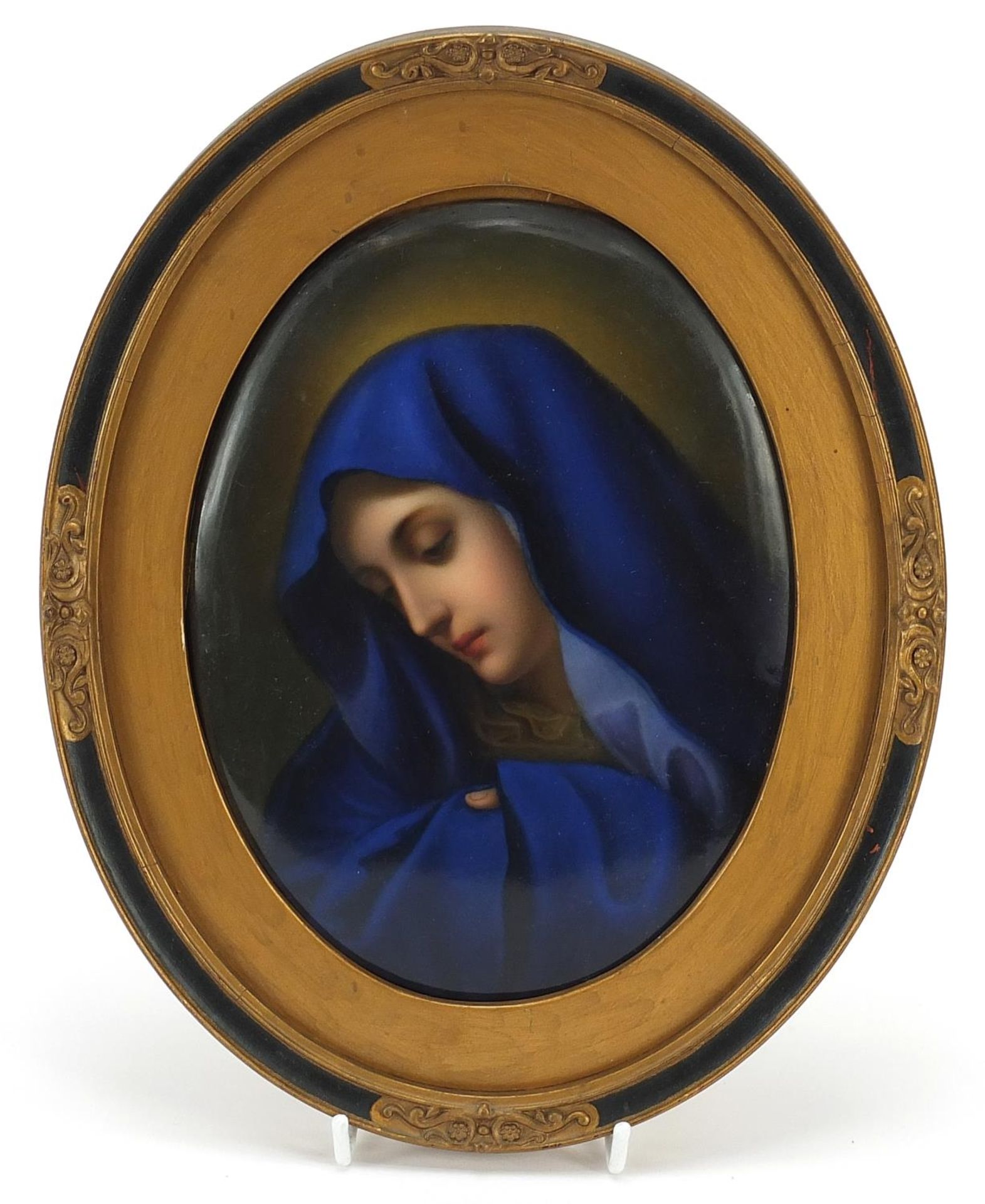 19th century oval porcelain panel hand painted with Madonna in the style of KPM, mounted and framed, - Image 2 of 3