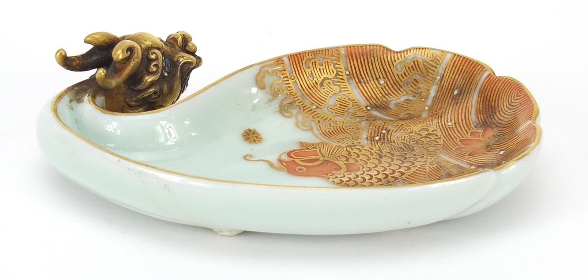 Chinese porcelain dish hand painted with a fish amongst waves and dragon head in relief, iron red - Image 2 of 3