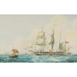 British frigate on water in front of Mumbles Lighthouse, Swansea, maritime watercolour, mounted,