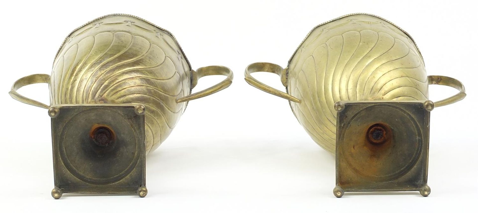 Pair of Antique bronzed urn design wine coolers with twin handles embossed with swags, 42cm high - Image 3 of 3
