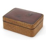 Japanese hardwood and lacquer container with inset metal plaque depicting a Koi, 5.5cm H x 14.5cm
