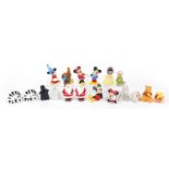 Collection of novelty salt and pepper shakers including Walt Disney Snow White, Mickey Mouse and
