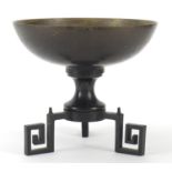 Japanese patinated bronze pedestal bowl, character marks to the base, 16cm high x 18cm in diameter