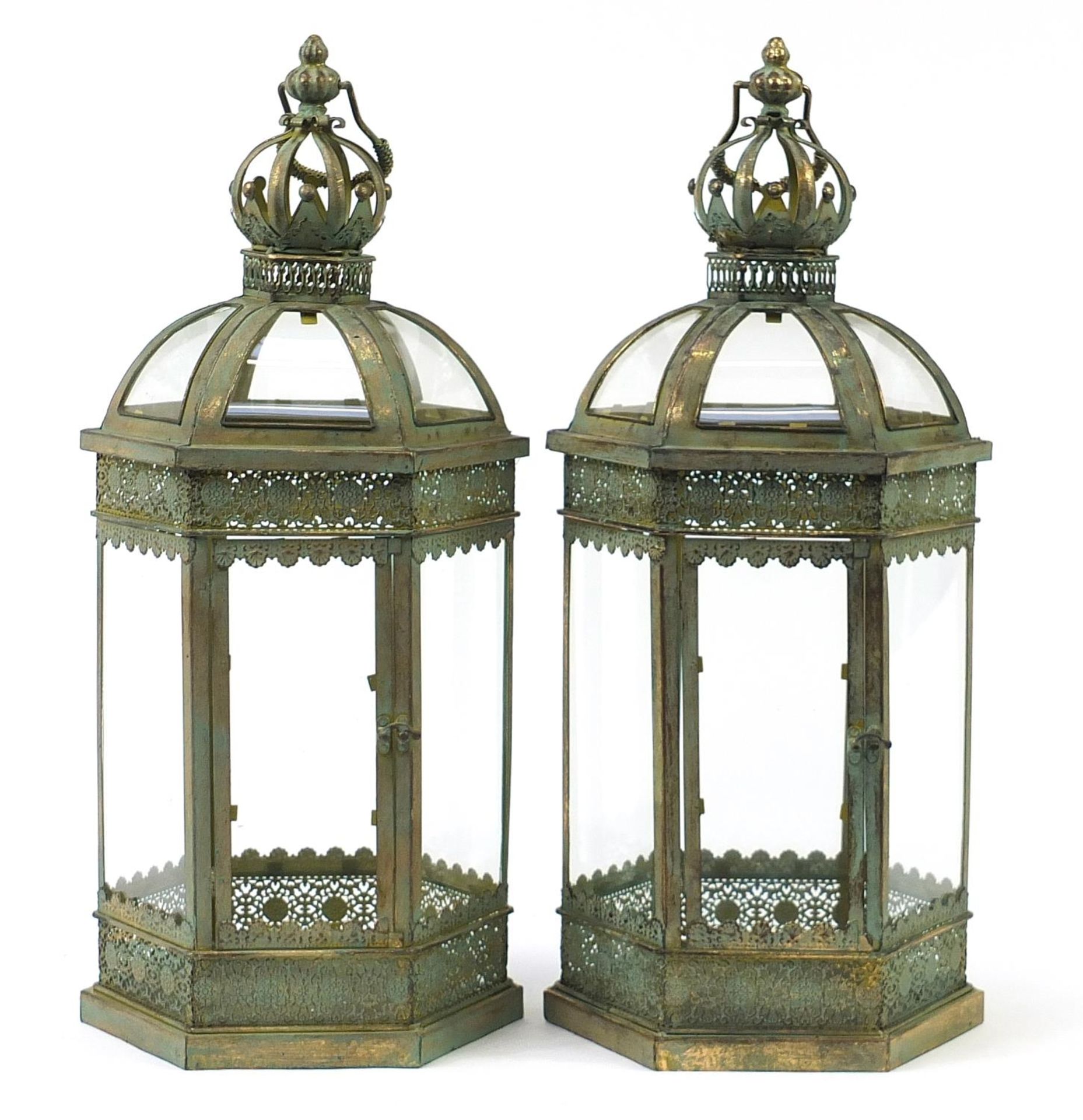 Large pair of bronzed metal and glass hanging lanterns, 62cm high