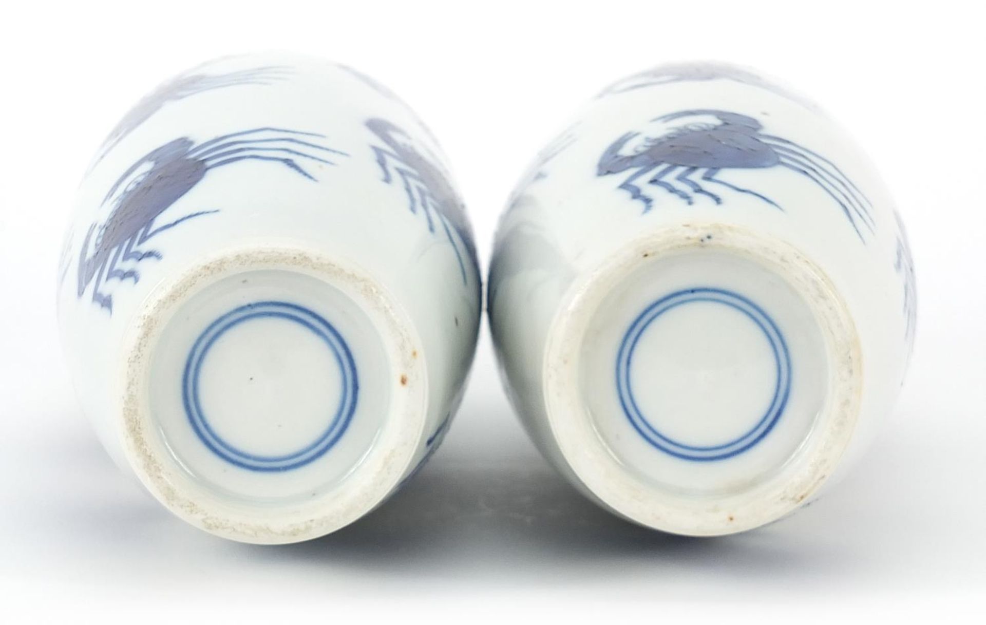 Pair of Chinese blue and white porcelain vases hand painted with crabs, blue ring marks to the - Image 3 of 3