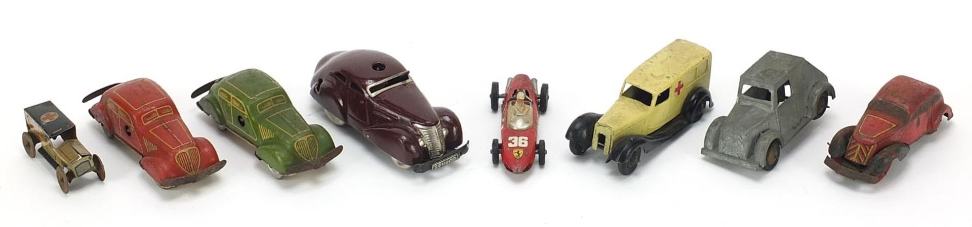 Antique and later tinplate vehicles, some clockwork including Schuco 3000 and Dinky, the largest