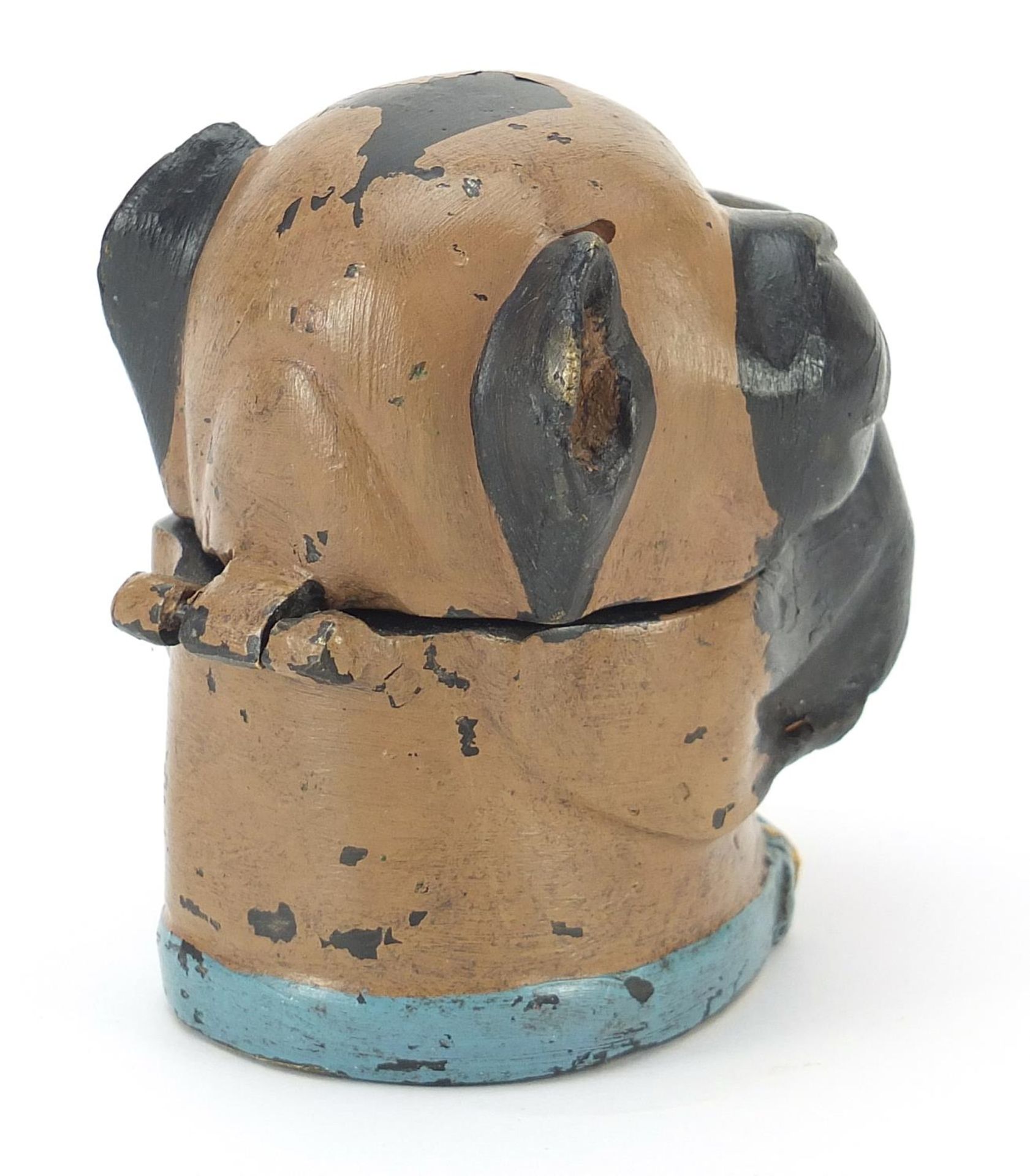 Cold painted bronze inkwell in the form of a dog's head with hinged lid, 9cm high - Image 2 of 3