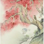 Chinese porcelain panel hand painted with birds amongst trees with character marks and red seal