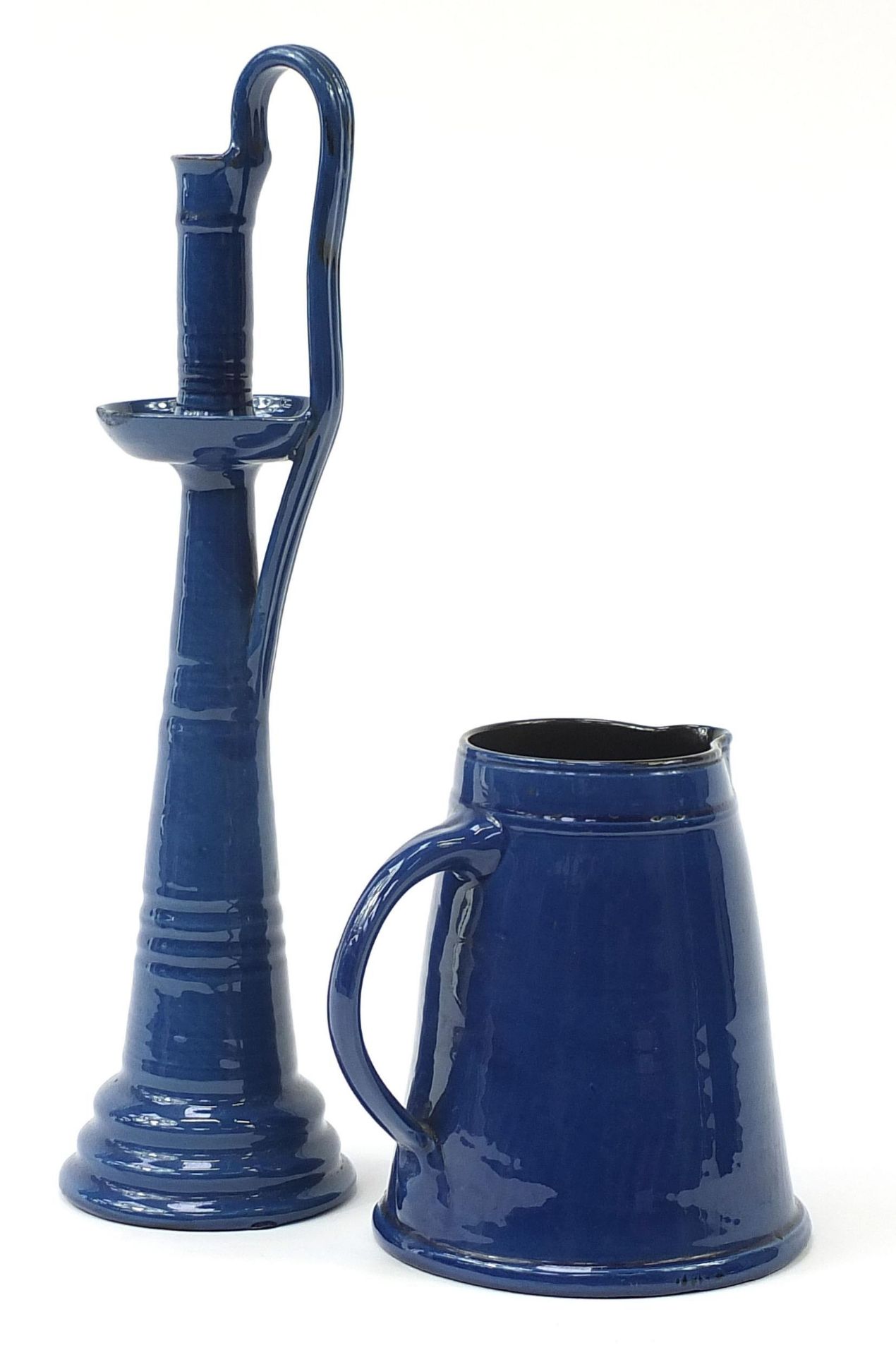 C H Brannam pottery blue glazed jug and a similar candlestick, the largest 44cm high - Image 2 of 4