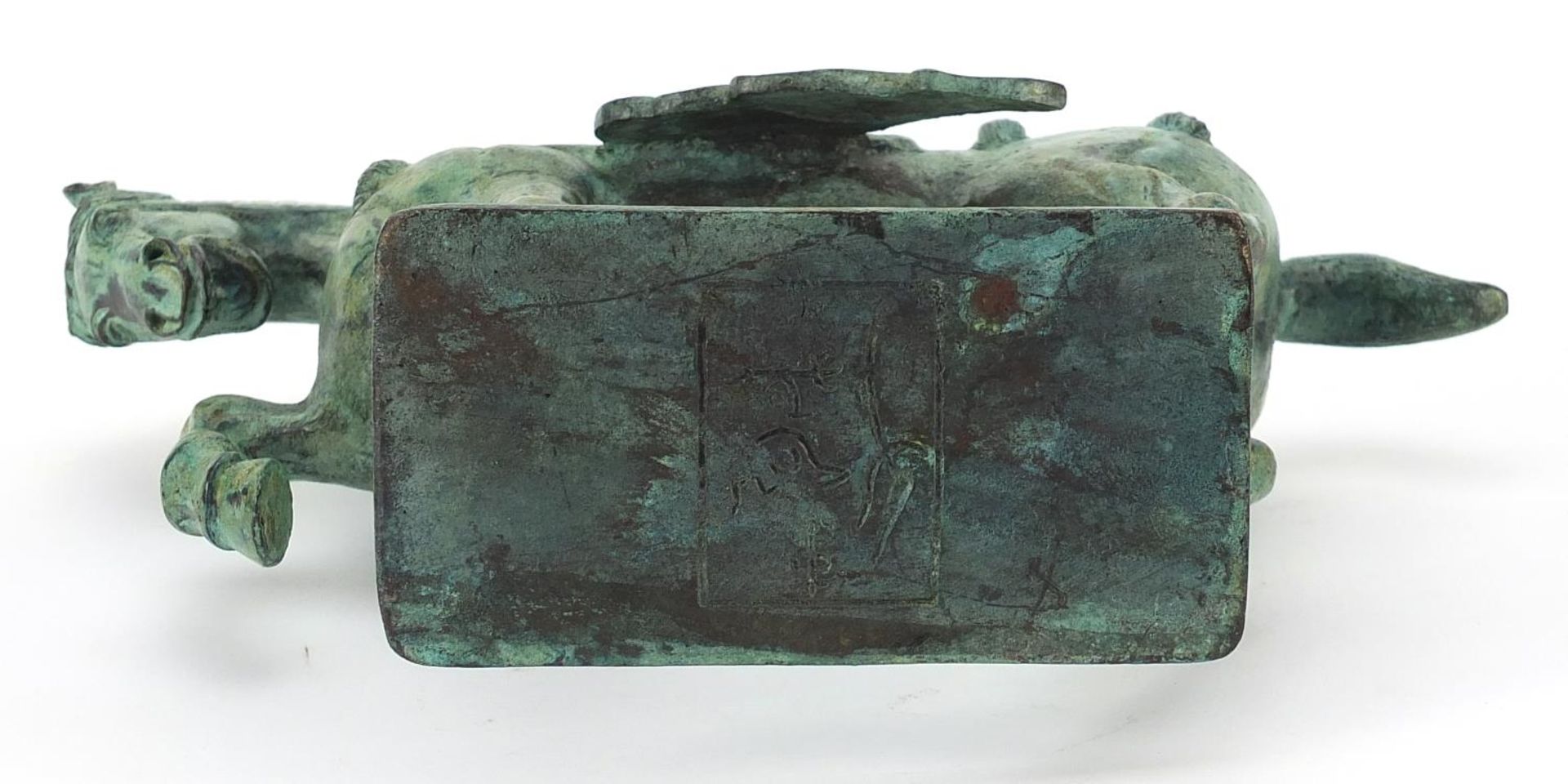 Chinese Verdigris bronzed model of a Tang horse on rectangular wood stand, 27cm in length - Image 3 of 3