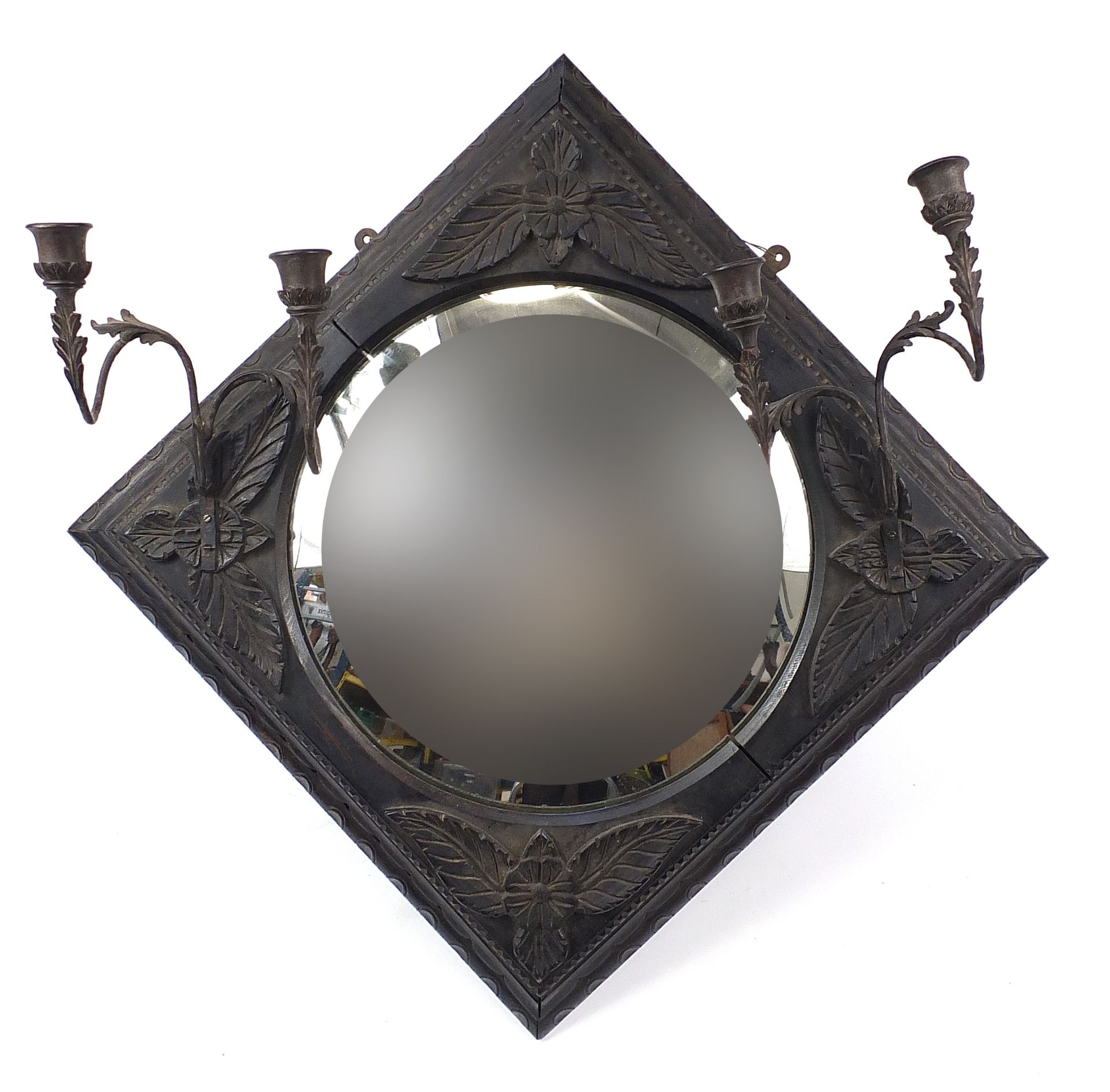 Back Forest style convex wall mirror with a pair of two branch candle sconces, 60cm x 60cm