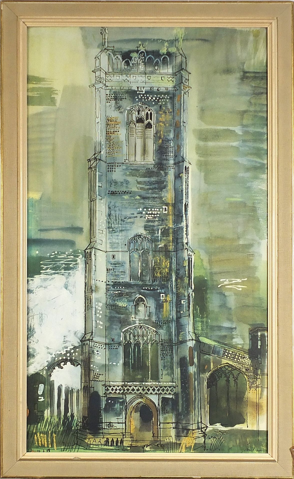 After John Piper - Walberswick Tower 1958, vintage print in colour, mounted, framed and glazed, 68. - Image 2 of 6
