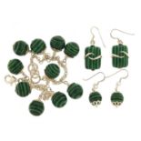 Silver and striped green stone bracelet and two pairs of earrings, the bracelet 18cm in length,