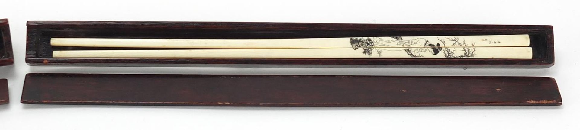 Two pairs of Chinese chop sticks with hardwood cases, the cases 30cm in length - Image 3 of 5