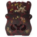 Red lacquered wall hanging letter rack hand painted with flowers, 39cm high