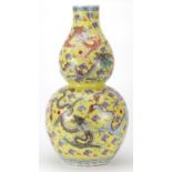 Large Chinese porcelain double gourd vase hand painted in the famille rose palette with dragons