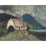 After Paul Henry - Cottage before mountains and water, Irish school oil on board, mounted and