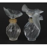 Two Lalique Nina Ricci frosted and clear glass scent bottles, 7cm high