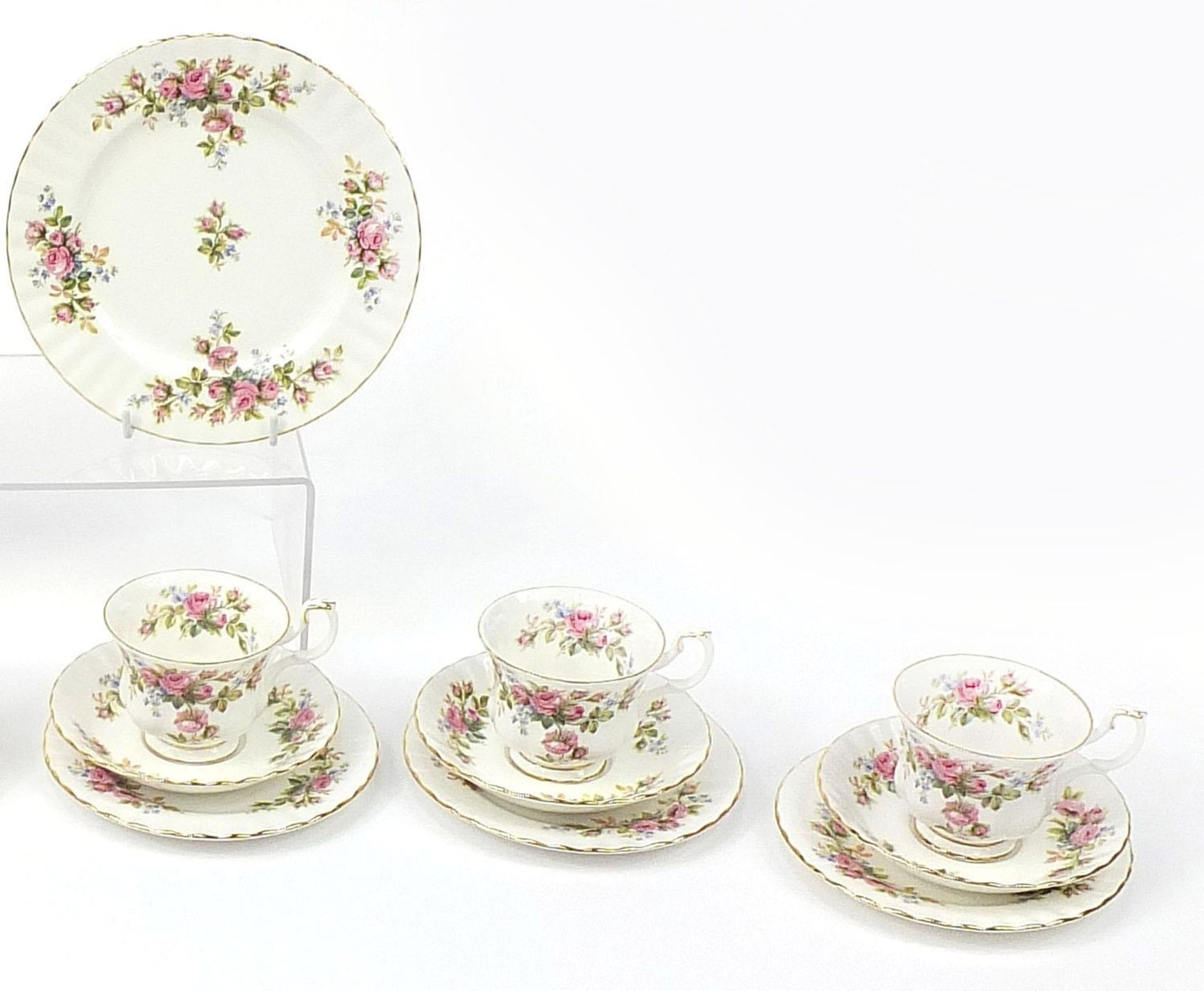 Royal Albert Moss Rose teaware including six trios, the largest each 22.5cm in diameter - Image 3 of 4