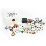 Costume jewellery including silver, jewelled and enamelled brooches, Georg Jenson box and amber