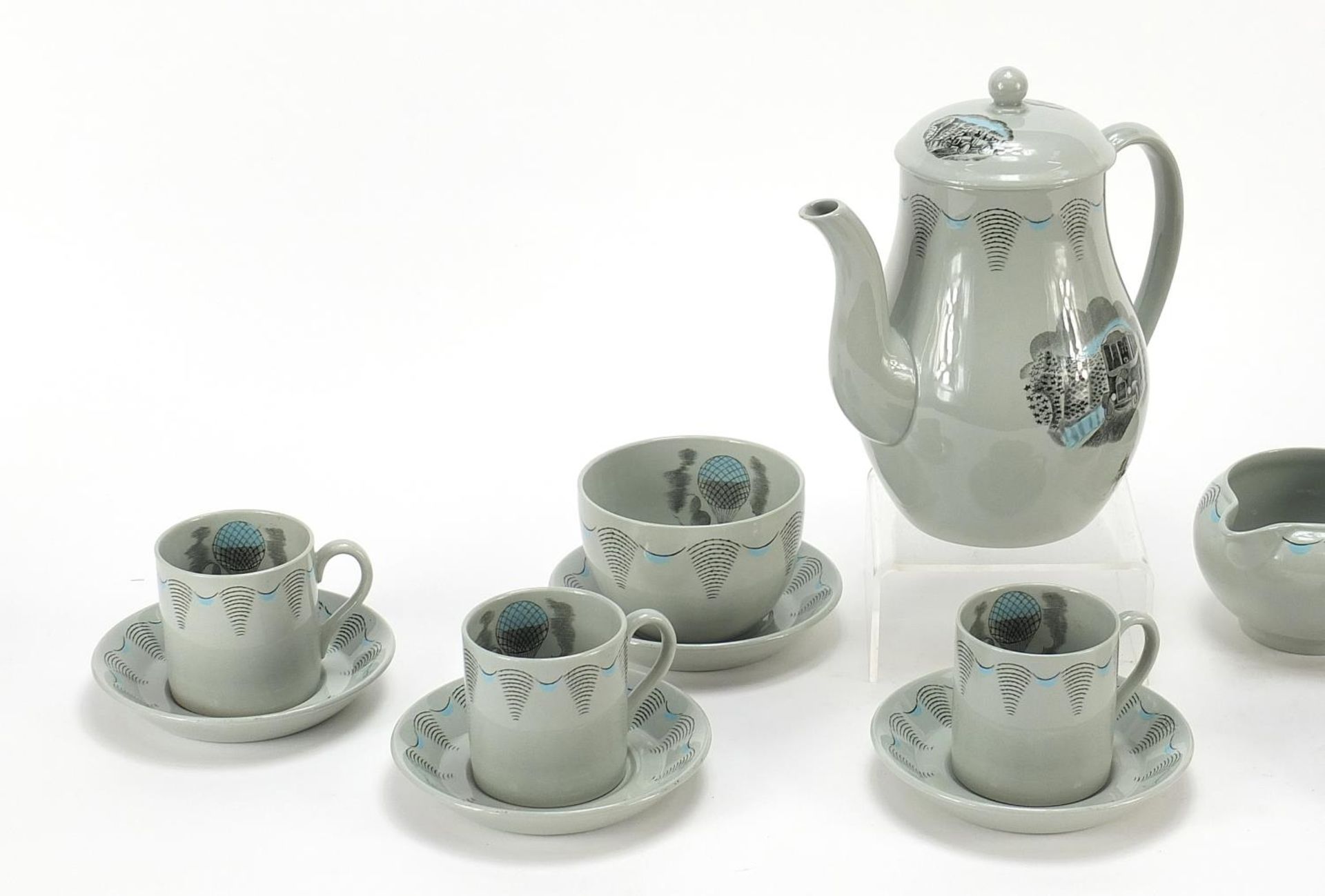 Wedgwood Travel pattern six place coffee service designed by Eric Ravilious, the coffee pot 16.5cm - Image 2 of 4