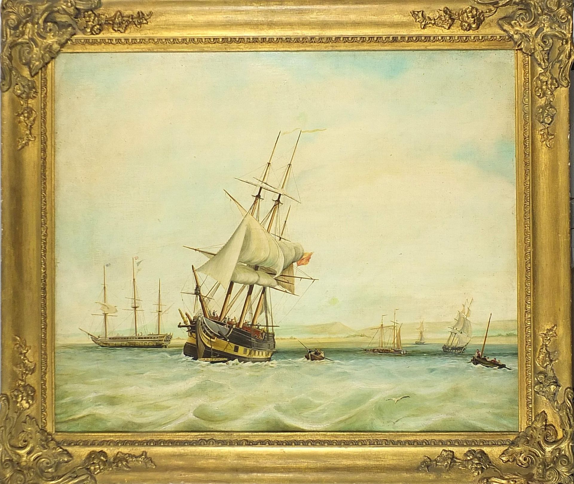 Boats on water, antique maritime oil on canvas, mounted and framed, 74cm x 61cm excluding the - Bild 2 aus 3