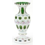 19th century Bohemian white overlaid green glass vase hand painted flowers, 23cm high