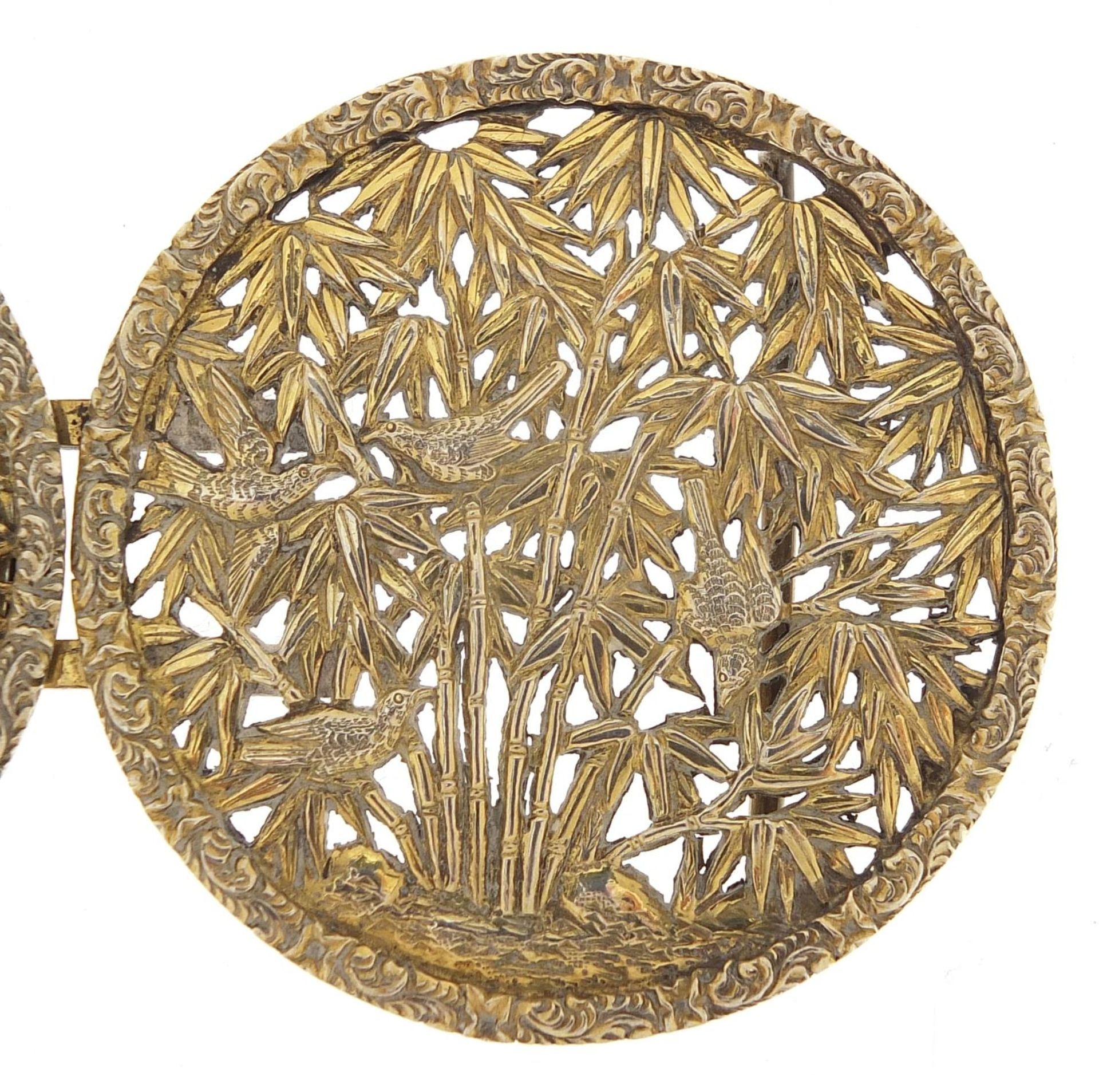 Chinese silver gilt two piece buckle, pierced and embossed with birds amongst bamboo grove, possibly - Image 3 of 5