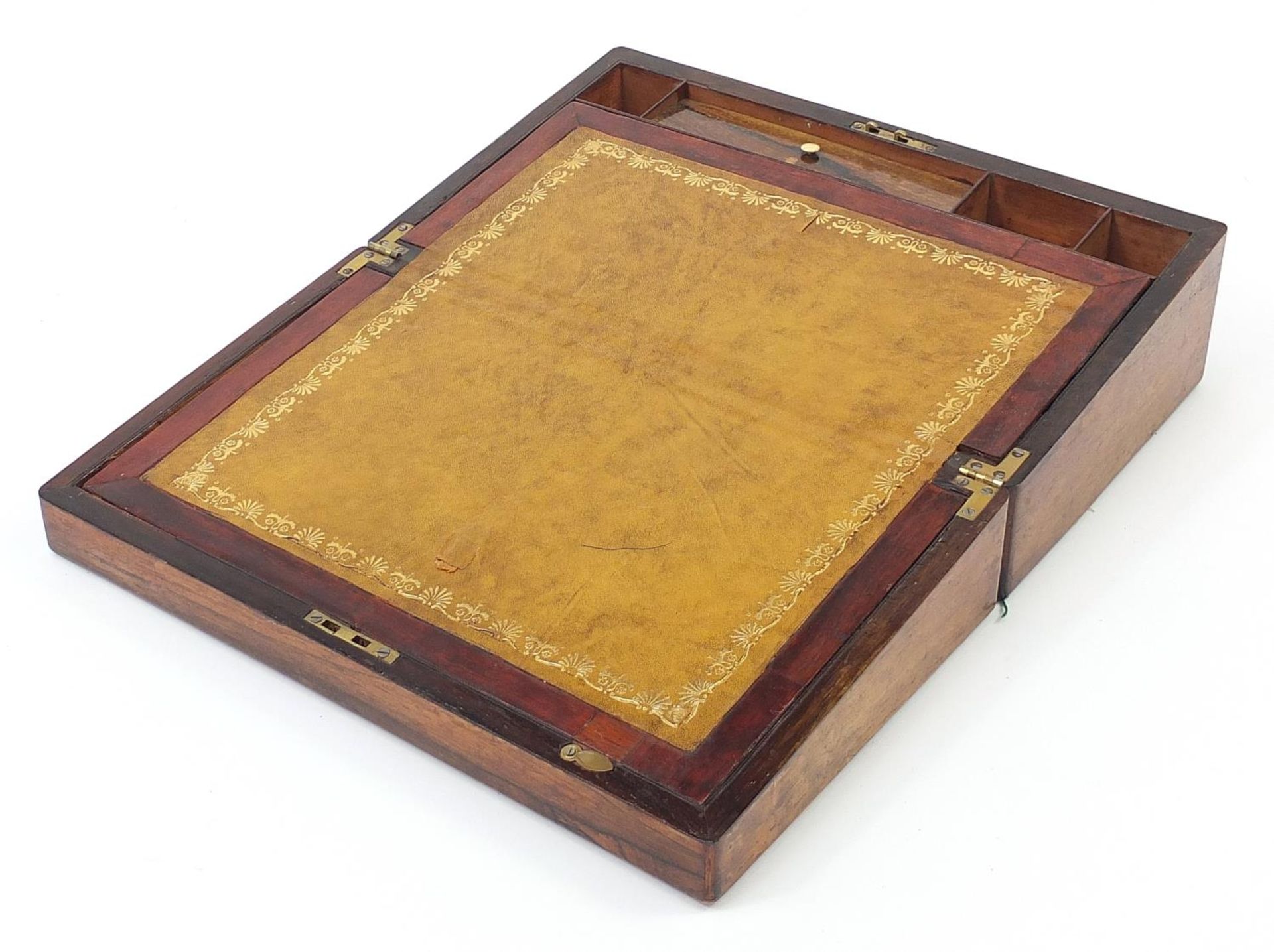 Victorian rosewood writing slope with mother of pearl inlay, tooled leather insert and fitted - Image 2 of 4