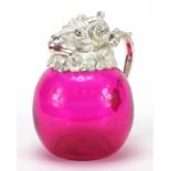 Silver plated and cranberry coloured glass jug in the form of a ram's head, 19cm high