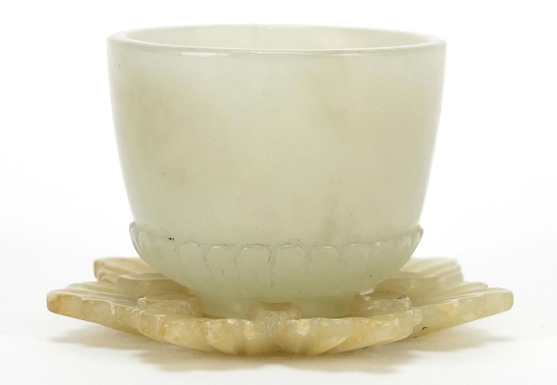 Indian pale green jade tea bowl with flower design saucer, the largest 5.5cm in diameter - Image 2 of 3
