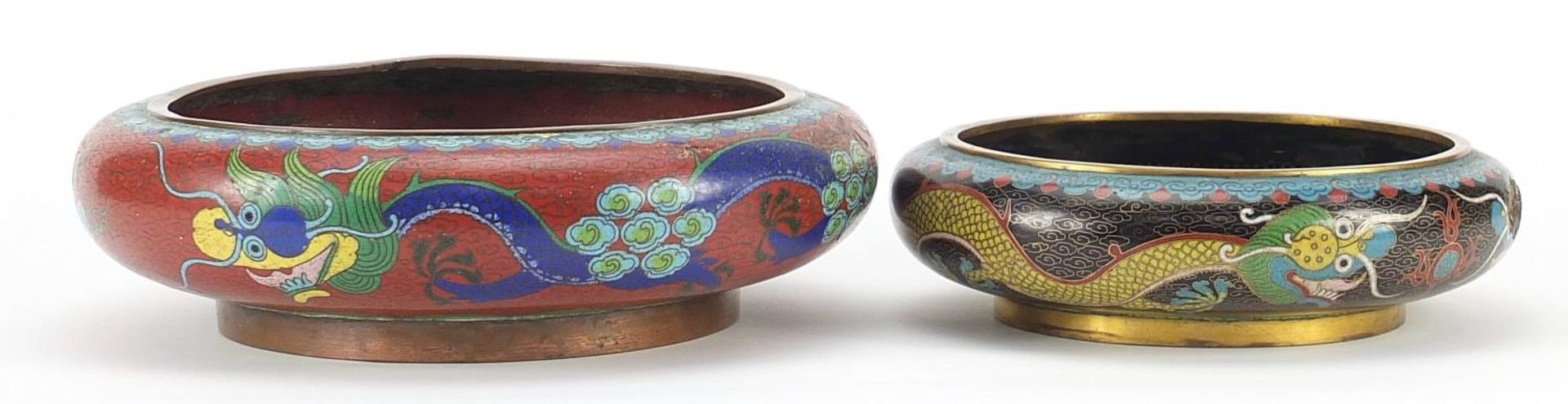 Two Chinese cloisonne squatted dragon bowls, each with four figure character marks to the base,