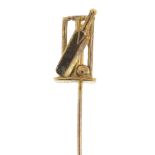 9ct gold cricket bat and wickets stick pin, 3.5cm in length, 1.2g