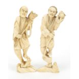 Two Japanese carved ivory okimonos including one of a bird catcher, each with character marks to the