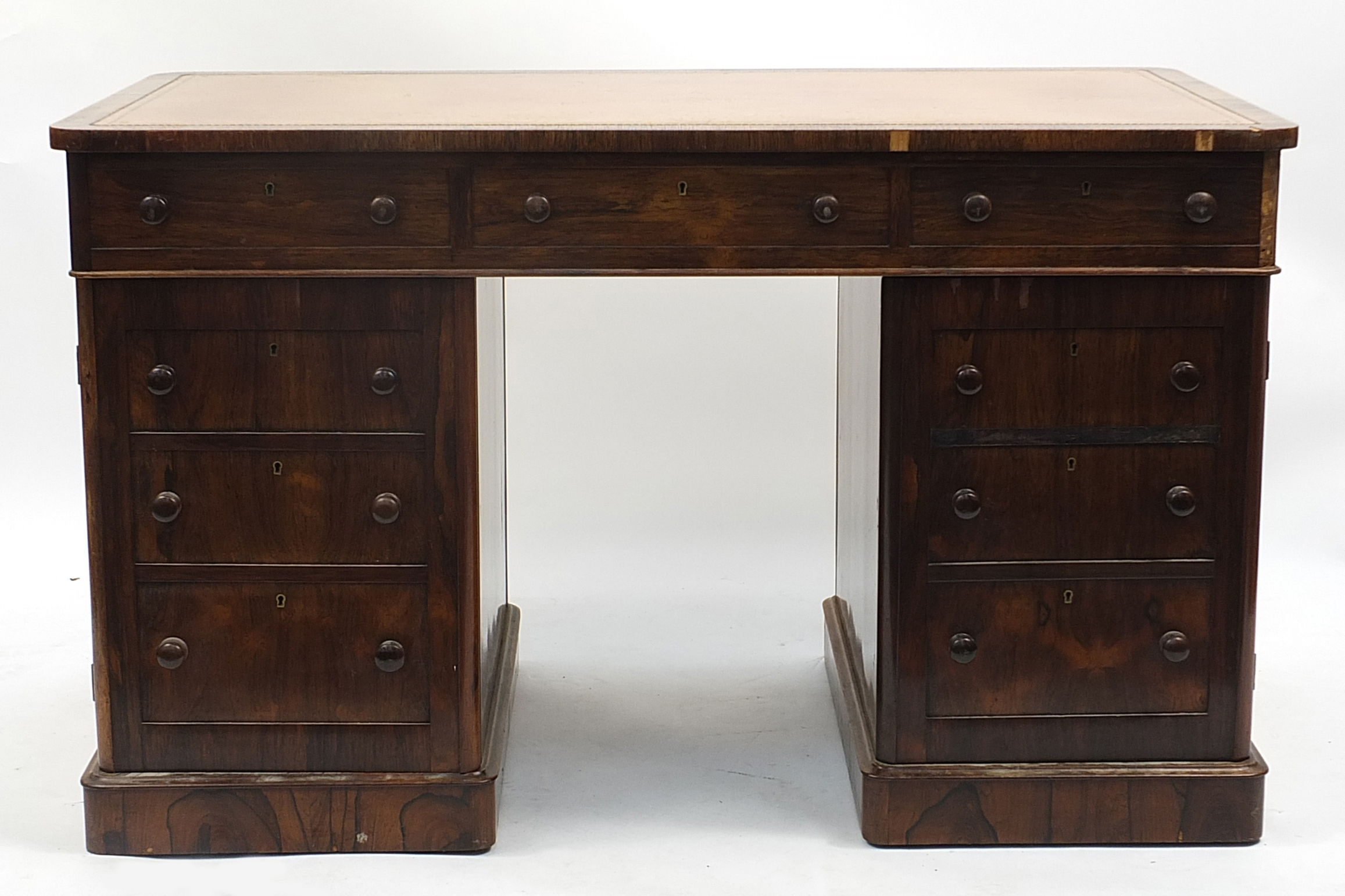 Rosewood twin pedestal desk with tooled leather insert above a series of drawers, 74cm H x 123cm W x - Image 3 of 4