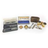 Objects including a pair of ivory opera glasses, Parker pens, silver open face pocket watch and