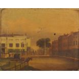 Town scene with figures and horse drawn cart, 19th century American school oil on canvas, mounted