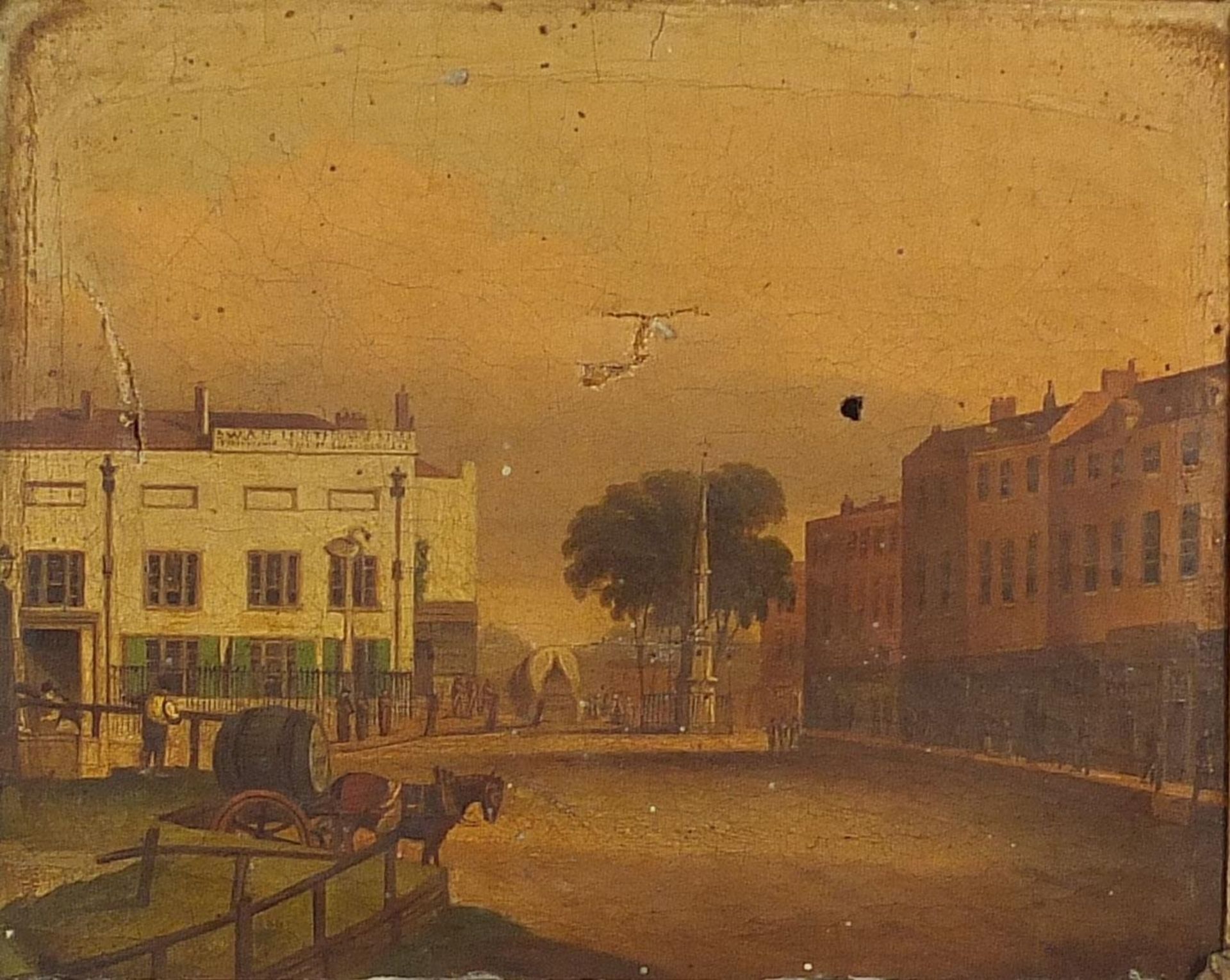 Town scene with figures and horse drawn cart, 19th century American school oil on canvas, mounted