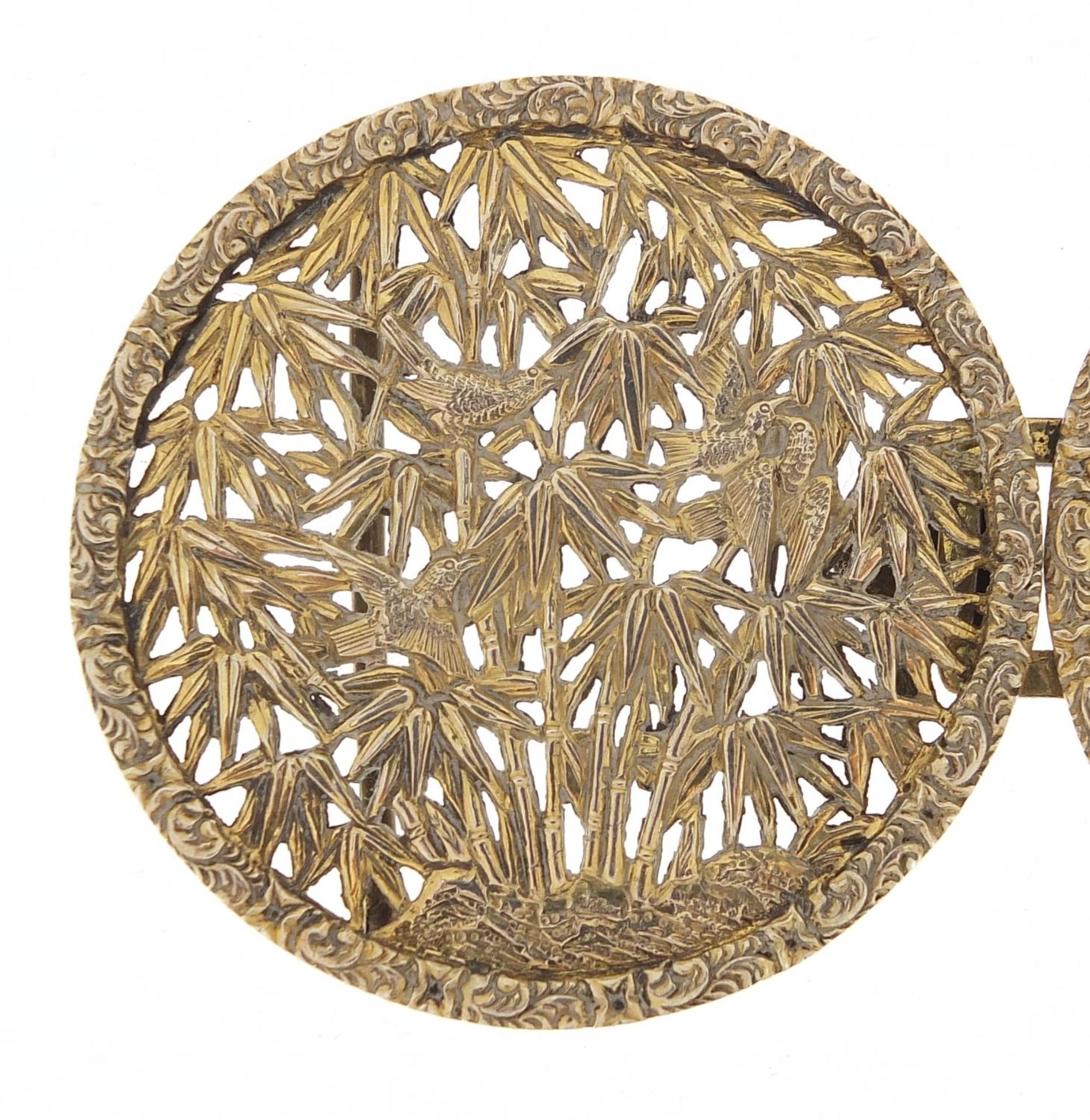 Chinese silver gilt two piece buckle, pierced and embossed with birds amongst bamboo grove, possibly - Image 2 of 5