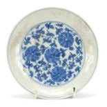 Chinese blue and white porcelain dish hand painted with flowers, six figure character marks to the