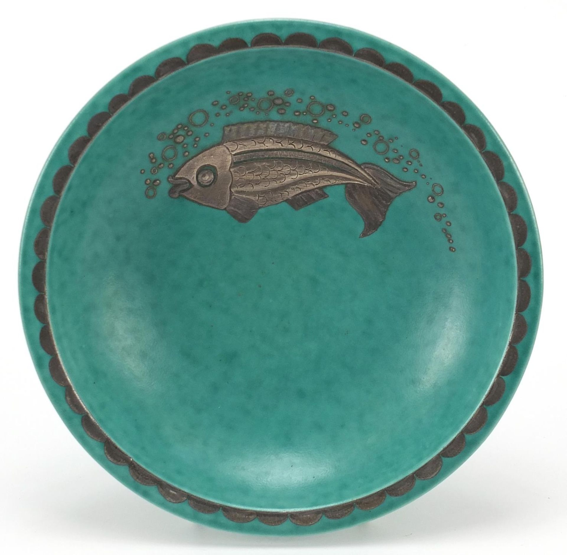Wilhelm Kage for Gustavsberg, Swedish bowl with silver overlaid fish numbered 1084, 18cm in diameter