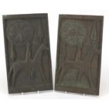 Two Scandinavian style bronze plaques each depicting a stylised figure on horseback, 37.5cm x 21cm