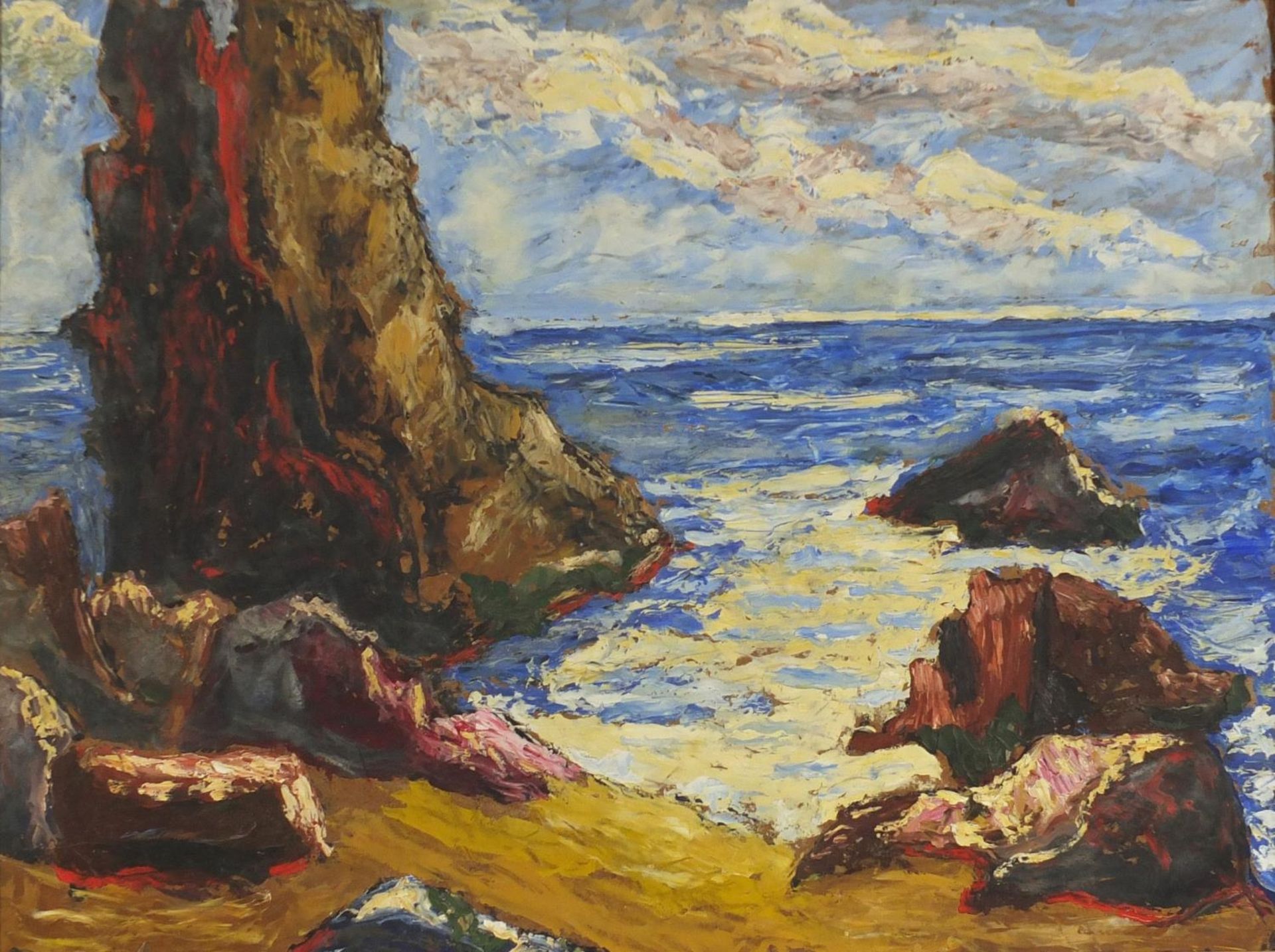 Rocky coastal scene, Expressionist oil on board, mounted and framed, 59cm x 44cm excluding the mount